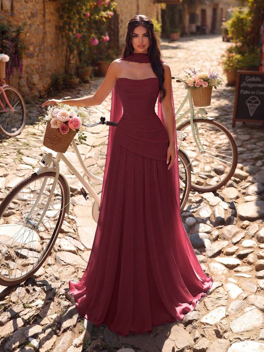 Women's Elegant Sleeveless Bandeau Chiffon Maxi Dress, Flared Hem, Corset-Style Back Detail, Autumn Wedding - Burgundy - View 1