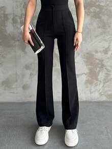 Elegant Casual Commute Minimalist Daily Office Straight Leg Business Trousers Black - Black - View 5