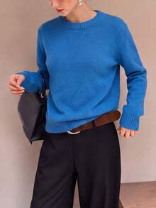 Women's New Autumn/Winter Solid Color Knit Pullover Long Sleeve Regular Fit Sweater, Warm And Comfortable, Light Blue, Suitable For Daily Wear - Blue - View 4