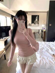 Elegant Sexy Hot Girl Style Off-Shoulder Solid Color Long Sleeve T-Shirt Women Autumn/Winter Slim Fit Flattering Inner Layer Base Top Halloween - Pink - View 2