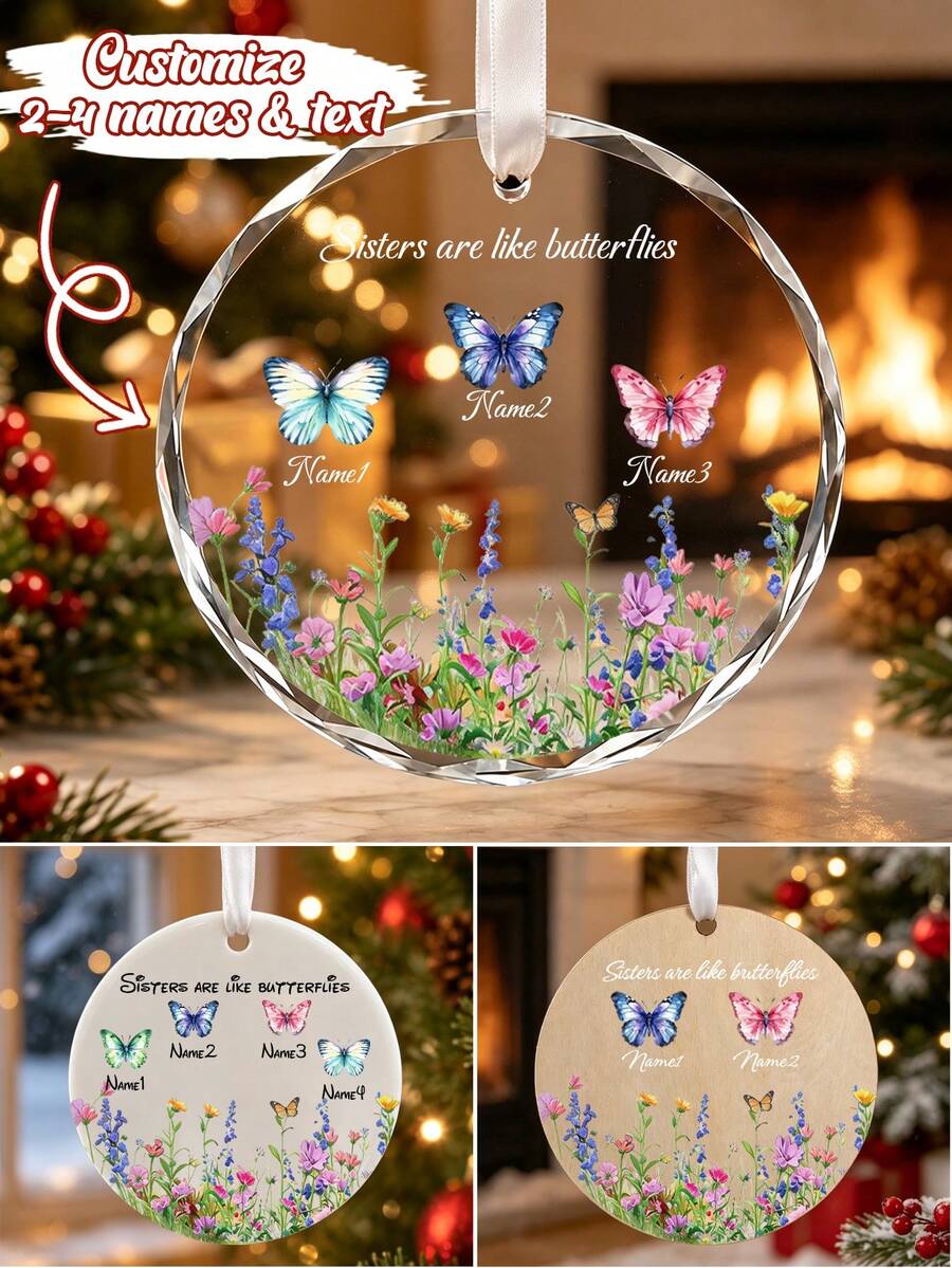 Custom Festive Christmas Butterfly Ornament, Personalized Sister Name Hanging Decor, Merry Christmas Tree Decoration For Sisters And Best Friends Gift Giving, Customized Butterfly Xmas Ornament With 2-4 Names, Customizable Holiday Keepsake Gift. - Style B - View 1