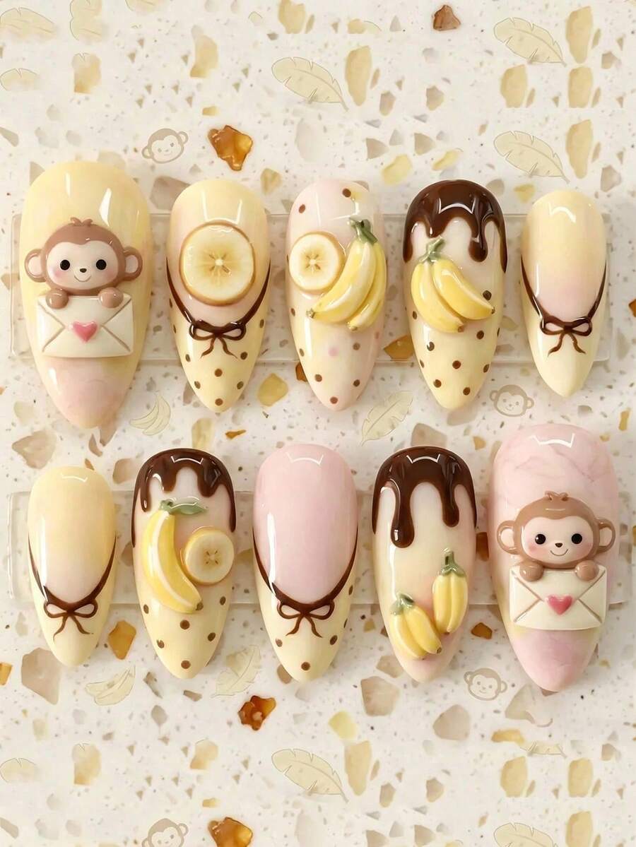 10pcs Y2K Style Cute Nail Stickers, Including Monkey, Banana, Chocolate, Gradient, Polka Dot And Bow Patterns, Medium Almond Shape Press-On Nails, Suitable For Daily Wear Or Date - Multicolor - View 1