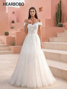 Elasola HEARBOBO Women's Applique Mesh Patchwork Elegant Cinched Waist Spaghetti Strap Wedding Dress Fall - White - View 9