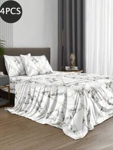 4-Piece White & Gray Marble Pattern Bed Sheet Set, Easy-Care Soft Bedding Set, Fitted Sheet Set (1 Flat Sheet + 1 Fitted Sheet + 2 Pillowcases), Fitted Sheet Set, Suitable For King, Queen, Full, Twin Sizes, Deep Pocket Fitted Sheet Design, Pillowcases Up To 11.8 Inches, Soft & Breathable, Wrinkle-Resistant, Back To School Dorm Bedding - White - View 2