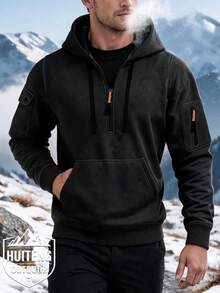 Sweatshirt berkerudung setengah resleting pria dengan tudung bertali, saku lengan berresleting, dan desain saku kanguru, cocok untuk berkemah, mendaki, dan berbagai aktivitas rekreasi luar ruangan. - Hitam - View 2