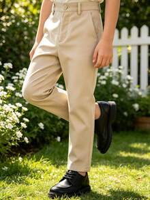 Tween Boy Formal Dress Pants Flat Front Children School Uniform Pants Light Champagne - Champagne - View 5