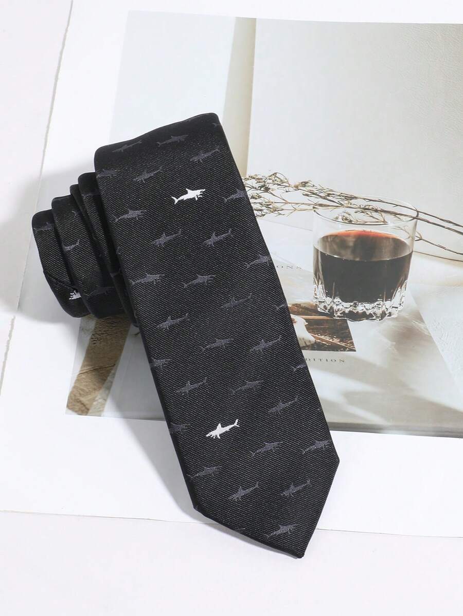 1pc Men's Minimalist Fashion Versatile Small Shark Pattern Hand-Tied Necktie, Suitable For Party, Shopping, Campus And Daily Wear - Black - View 1