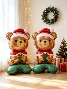 2pcs 24.80 Inch Christmas Theme Teddy Bear Foil Balloons With Stand Base, Standing Balloons For Indoor Party, Window Display, Holiday Atmosphere Decoration Props - Christmas Bear With Base - View 1