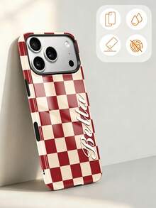 1pc Customized Warm Brown, Light Pink, Beige, Olive Green Four-Color Mixed Plaid Pattern Design, Personalized Signature Phone Case, Suitable For 17/16/15/14/13/12/11 Pro Max Air Phones, Back To School Gift, Graduation Gift, Vacation Gift, Valentine's Day Gift, Birthday Gift, Shockproof, Summer Dopamine Color Blocking, Cute Y2K Style - Multicolor - View 3