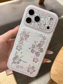 Luxury Vine Hibiscus Polka Dot Plaid Laser Asymmetrical Rhinestone Sequin Pattern Camera Protection Phone Case, Compatible With IPhone 18 Pro Max 18 Pro 17 Pro Max 17 Pro 16 Pro Max 15 Pro Max 14 Pro Max 13, Pink Soft Edge Raised Airbag Glitter Protective Shell - Flowers - View 4
