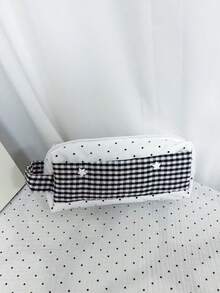 Japanese Niche Design Ins Style Polka Dot Plaid Pencil Case For Women, Large Capacity Travel Portable Handbag, 3D Makeup Organizer Bag - White - View 4