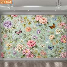 2D Flat-Design Tapestry Featuring A Mint Green Background With Vintage Roses, Butterflies, And Botanical Elements-Including Pink, Purple, White, And Apricot Roses, Fluttering Butterflies, Vines, Leaves, And Delicate Branch Accents. - Multicolor - View 3
