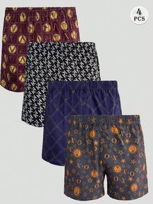 4pcs Men's Luxury Black & Gold Series Printed Pajama Pants, High-End Elastic Comfortable Boxer Shorts, Plus Size, Breathable Thin Fabric With Elastic Waistband - Multicolor - View 2