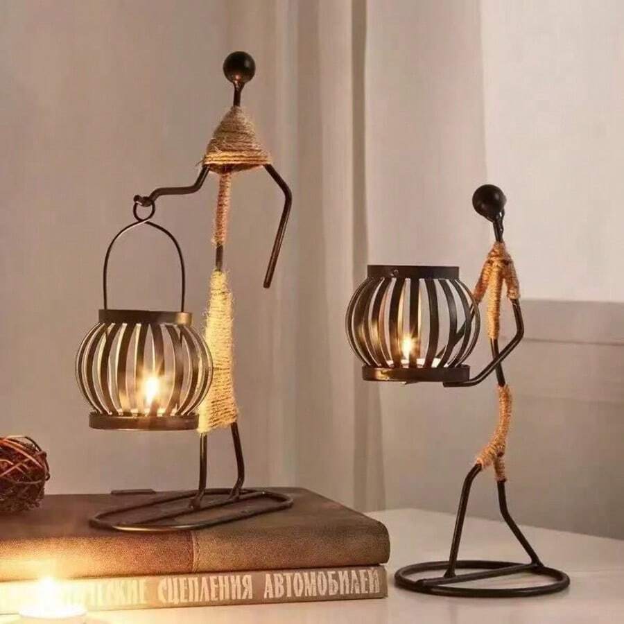 1pc 2D Vintage Acrylic Character Candle Holder Decorative Ornament, Rope Woven Design, Nordic Style Home Decor, Atmospheric Desktop Display - Sets - View 1
