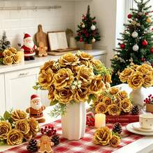 10 Artificial Roses, Wedding Decorations, Artificial Plants, Home, Restaurant, Kitchen Decorations, Holiday Party Accessories, Outdoor Garden Decorations, Christmas Decorations, Winter Decorations, Back-To-School Season. - Gold - View 2