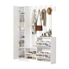 135*25*180cm Mirrored Wardrobe Set, Hallway Wardrobe, Hanging Shelf, Compact Wardrobe, With 2 Lower Drop-Down Shoe Cabinets + 2 Storage Cabinets, Suitable For Doorways, Hallways, White - White - View 7