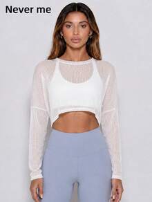 Never me Women's Solid Color Asymmetrical Hem Cropped Striped Semi-Sheer Dropped Shoulder Loose Crew Neck Thin Long Sleeve Sports Cover-Up - White - View 5