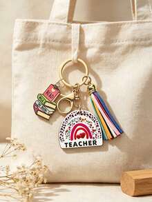 1pc Teacher Theme Keychain, Rainbow Leopard Print Wooden Pendant With Book Charm And Colorful Tassel, Portable Key Ring Accessory, Suitable For Car Keys And Bag Decoration, Ideal Thank You Gift For Educators On Teacher's Day, Back To School And Holidays - Multicolor - View 1