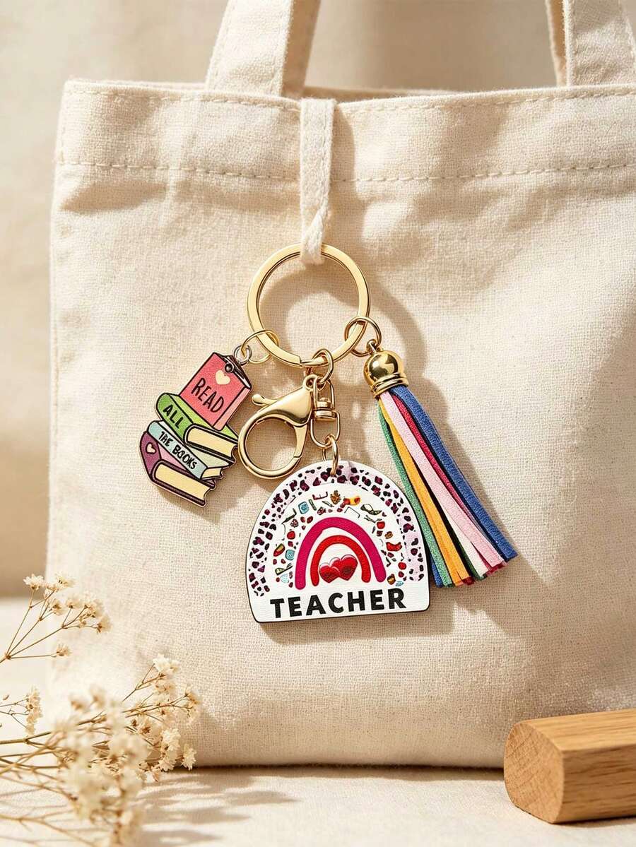 1pc Teacher Theme Keychain, Rainbow Leopard Print Wooden Pendant With Book Charm And Colorful Tassel, Portable Key Ring Accessory, Suitable For Car Keys And Bag Decoration, Ideal Thank You Gift For Educators On Teacher's Day, Back To School And Holidays - Multicolor - View 1