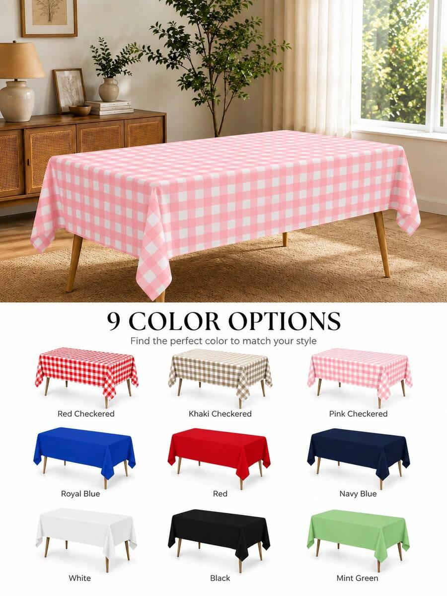 Thickened PEVA Rectangular Disposable Tablecloth, Waterproof And Oil-Proof, Plaid Pattern And Solid Color Options, Suitable For Birthday Party, Picnic, Wedding Banquet, Home Dining Table Decoration, 9 Colors Available