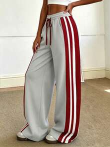 Women's Sports Long Pants, Dual Side Pockets, Straight Leg Summer Lightweight, Elastic Waistband With Drawstring Design, Contrast Stripe Design Autumn - Light Grey - View 4