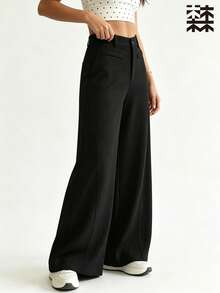 mulinsen Women Athletic Wide Leg Pants,Ribbed Texture Button Zipper Fly Fake Pocket High Waist Loose Fit,Workout Daily Street Outdoor Wear - Deep Space Black - View 3