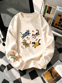 Women's Autumn/Winter New Cute Cat Embroidery & Print Casual Crew Neck Fashion Versatile Sweatshirt - Apricot - View 1