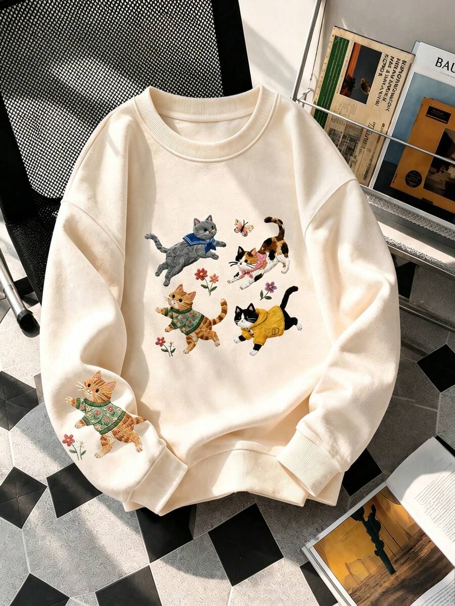 Women's Autumn/Winter New Cute Cat Embroidery & Print Casual Crew Neck Fashion Versatile Sweatshirt - Apricot - View 1