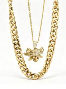 2pcs/Set Pirate Style Hip Hop Punk Necklace Exaggerated Men's Big Gold Chain Set, Vintage Punk Style, Suitable For Party, Gathering, Halloween, COS - Gold - View 7