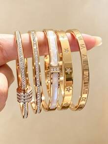 5/1pc Gold Hinge Bracelet, Rhinestone Shell Floral Roman Numeral Details, Suitable For Daily Layering - Gold - View 3