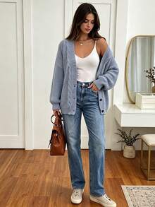 Plus Size Women's Knit Cardigan Long Sleeve Open Front Sweater, Elegant Soft Comfortable Knitwear Fall - Dusty Blue - View 2