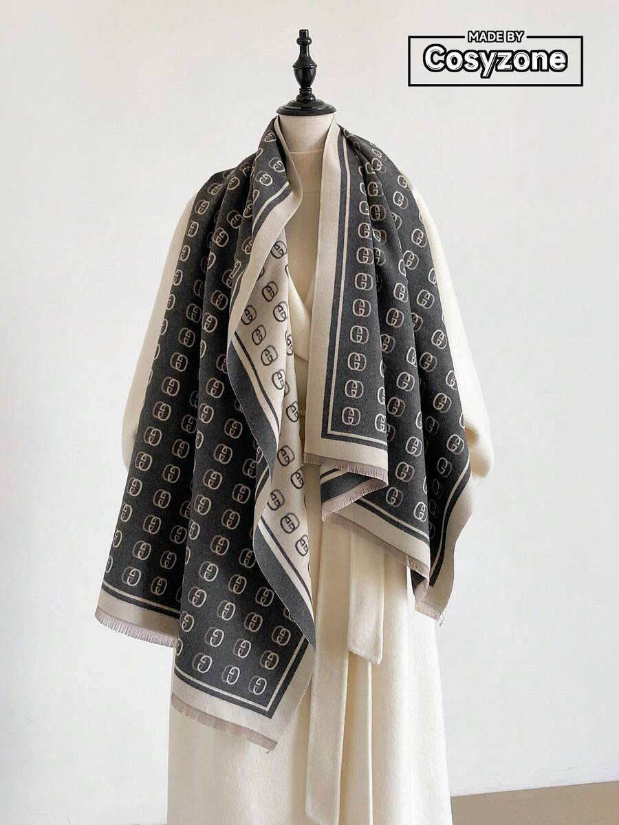 1pc Faux Cashmere Minimalist Letter Pattern Jacquard Warm Scarf For Women, Air Conditioning Room Blanket, Autumn/Winter Outdoor Travel Cold Protection Neck Warmer Decorative Scarf Shawl Dual-Use, Suitable For Daily Matching, First Choice For Gifts - Grey - View 1
