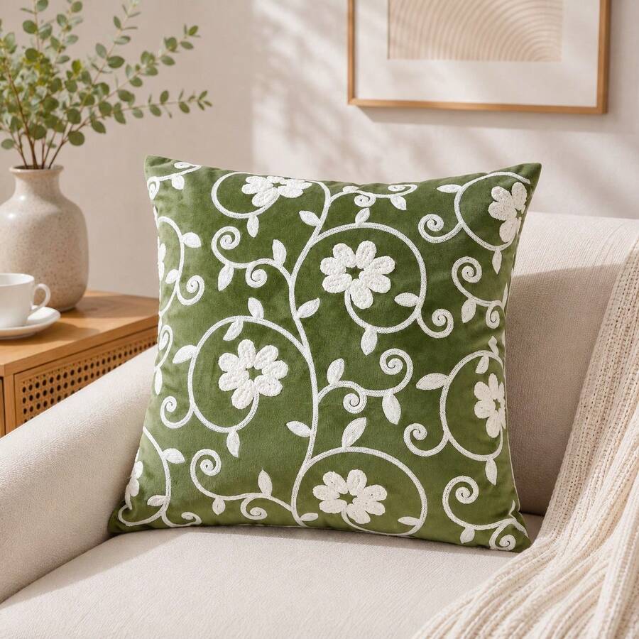 橄欖綠花卉刺繡天鵝絨抱枕套,復古植物裝飾沙發/床用抱枕套,舒適居家裝飾 - Green - 查看 1
