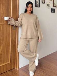 Women's Plus Size Solid Color Knit Set, Long Sleeve Knit Top + Loose Pants 2-Piece Set, Soft Comfortable Casual Loungewear, Suitable For Daily Wear, Autumn/Winter - Khaki - View 2