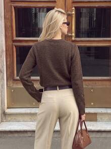 Nicenter Women's Fall Winter Casual Vintage Round Neck Henley Partial Button Placket Long Sleeve Wool Blend Sweater, Cozy Simple For Office Daily Home Date - Coffee Brown - View 2