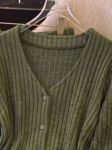 Two Pieces Home Outfit For Teenagers And Girls In Autumn And Winter, Green Ribbed Wool Long Sleeved Long Pants Pajamas, Soft Casual/Family Gathering - Green - View 6