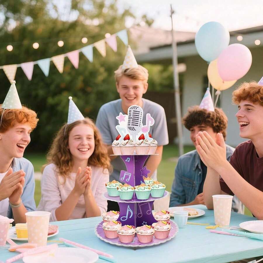 Music Theme Cupcake Stand, Birthday Party Decorations, Cake Decorations, Dessert Table Cupcake Stand And Tray, 3-Tier Cupcake Stand For Birthday Party Decorations - Style 1 - View 1