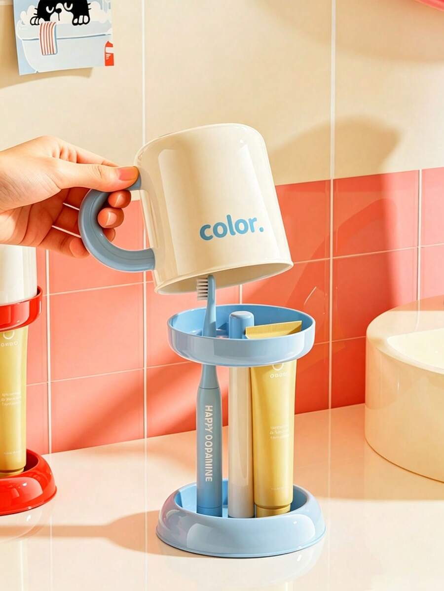 1pc Large Capacity Toothbrush Holder Cup Rack, No-Drill Wall-Mounted, Non-Falling, Drop-Resistant, Thickened ABS Plastic, INS Minimalist Sweet Cute Macaron Soft Colorful Style, Smooth Design With Drainage Holes, Independent Cup Slots, Side Hooks For Small Accessory Storage, Detachable Split Structure, Waterproof, Moisture-Proof, Anti-Water Accumulation, Easy To Clean, Fits Most Electric Toothbrushes - Multicolor - View 1