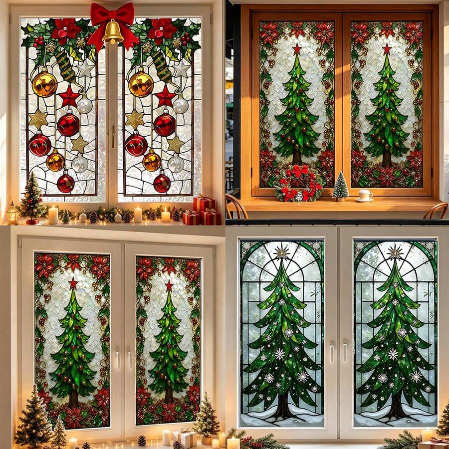 1/3pcs Christmas Window Cling, Static Cling Removable, Stained Glass Style Christmas Tree Bauble Poinsettia Decals For Glass Window, Door, Christmas Window Decor - Christmas Frosted Sticker - View 1
