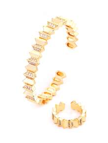 LIGHTSOME 1 Set Fashion Copper Zirconia Wave Open Cuff Bracelet & Ring Set, Luxury Sparkling Zirconia Open Cuff Bracelet & Ring Set, Suitable For Women's Daily Wear - Bracelet+Ring - View 11