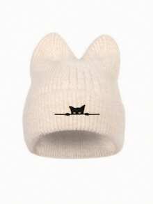 秋冬款兒童可愛刺繡針織貓耳毛帽，日常穿著保暖羊毛帽 - 1PC - 查看 1