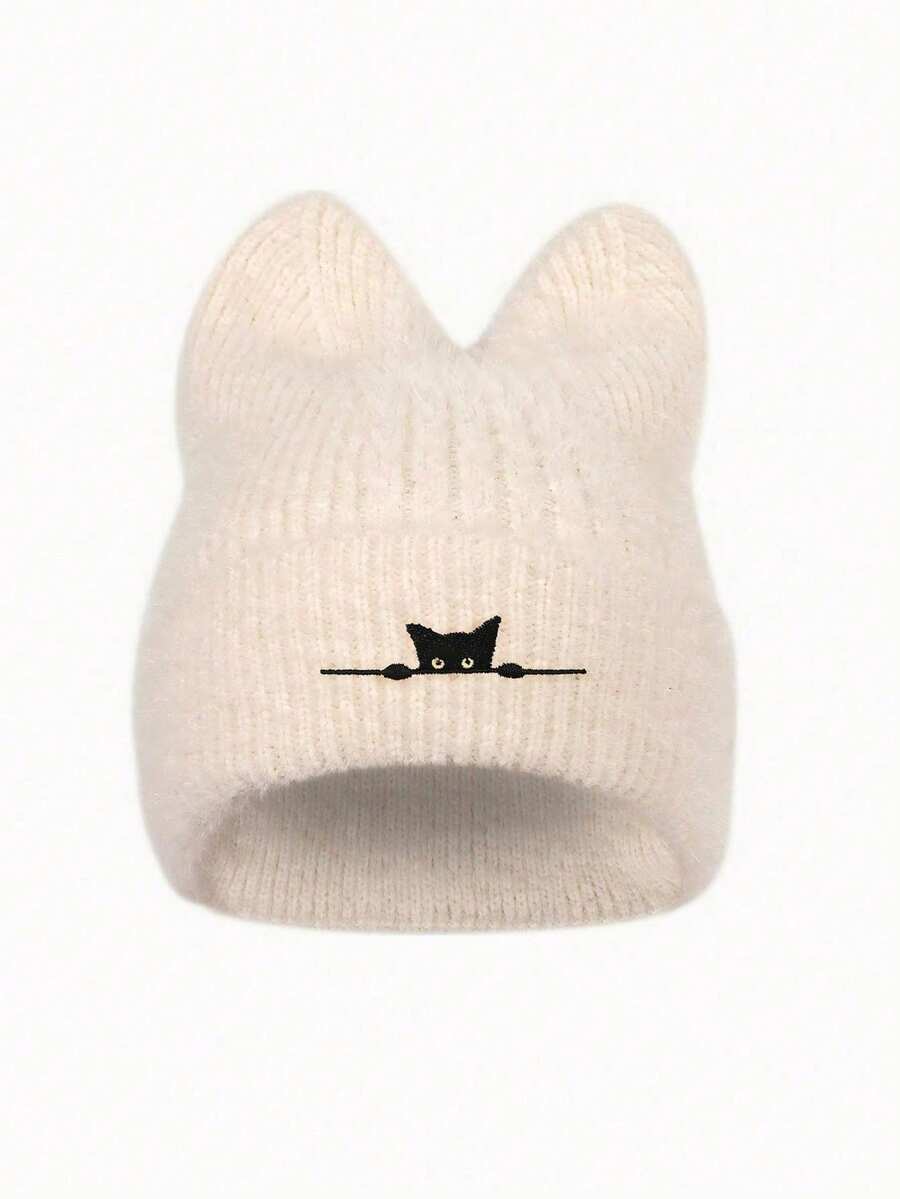 秋冬款兒童可愛刺繡針織貓耳毛帽,日常穿著保暖羊毛帽 - 1PC - 查看 1