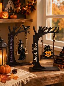 1pc Halloween Witch & Black Cat Swing Desktop Ornament, Tree Design With Pumpkin, Owl And Bat, Suitable For Desktop, Bookshelf And Home Party Decoration - Multicolor - View 5