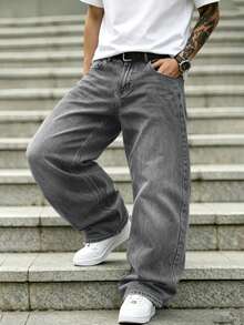 Men Washed Grey Wide Leg Baggy Jeans, Loose Relaxed Fit Casual Daily Long Denim Trousers - Grey - View 3