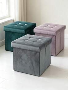 Velvet Folding Storage Ottoman Bench, Foldable Storage Footstool Cube, Button Tufted Footstool Seat Box, Multifunctional Collapsible Storage Chest For Living Room Bedroom Entryway, Space‑Saving Foot Rest Stool With Large Storage Capacity - Pink - View 6