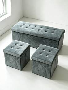 Velvet Folding Storage Ottoman Bench, Foldable Storage Footstool Cube, Button Tufted Footstool Seat Box, Multifunctional Collapsible Storage Chest For Living Room Bedroom Entryway, Space‑Saving Foot Rest Stool With Large Storage Capacity - Dark Green - View 11