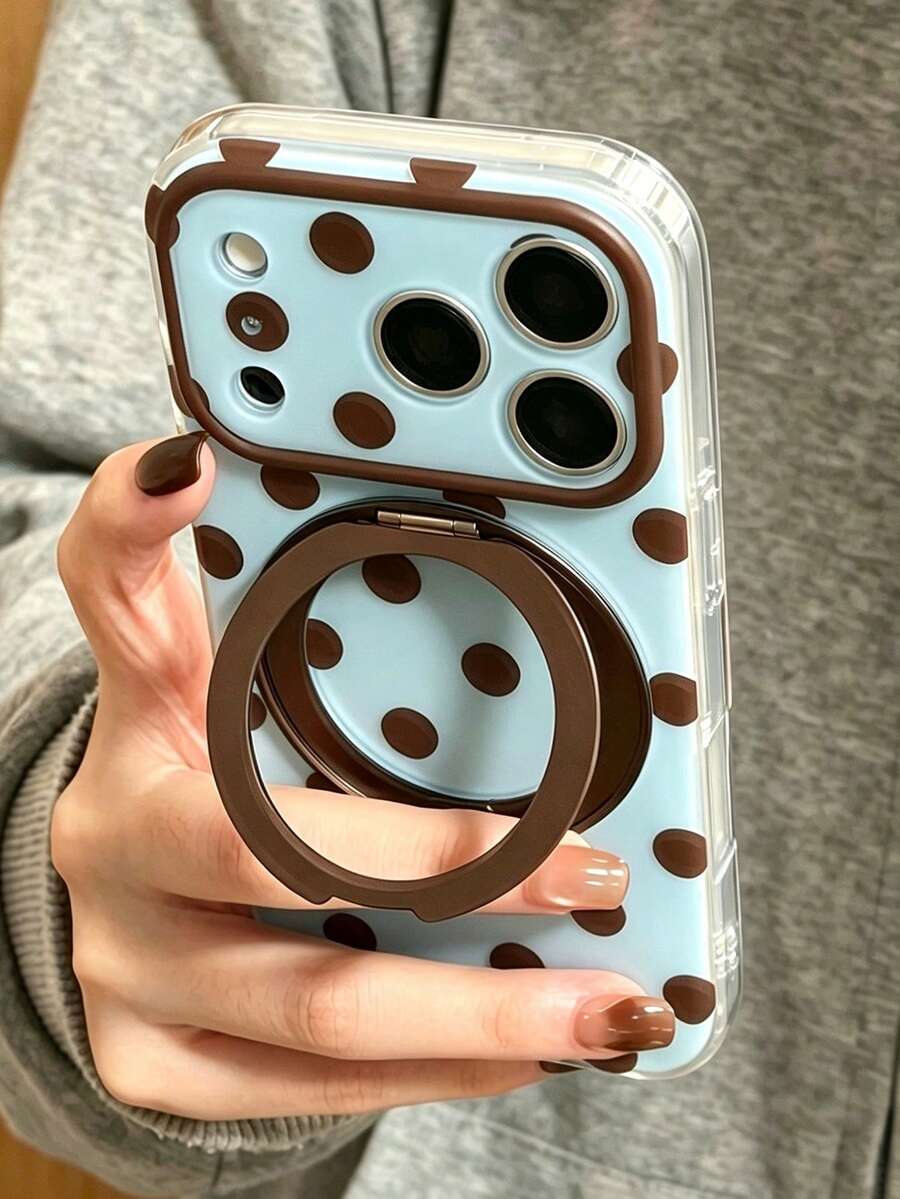 Cute Polka Dot Matte IMD Phone Case With Kickstand, Compatible With IPhone 17 ProMax 17Pro 17 16ProMax 16Pro 16 15ProMax 15, Protective Back Cover Phone Case With Stand - Blue - View 1