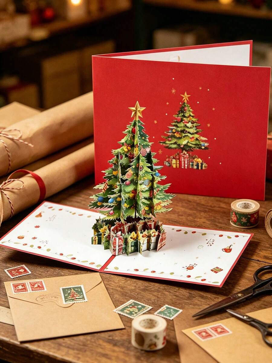 15/9/3pcs/Set Christmas Popup Card, 3D Christmas Tree Greeting Card, Happy New Year Gift With Notecard And Envelope, Christmas Decoration, Christmas Party Favor, Quirky Stuff, Handmade Paper Cut Card, Handmade Cartoon Card