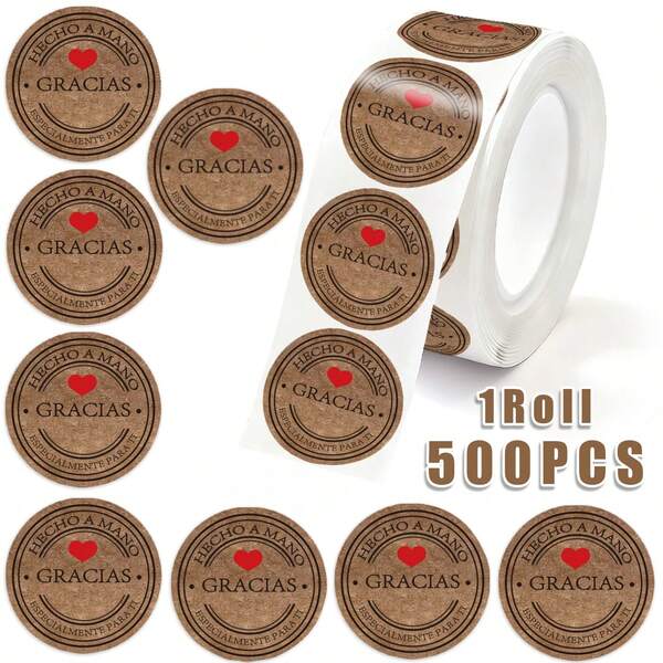 500 Stickers/Roll Spanish Thank You Self-Adhesive Stickers Brown Handmade Classic Design Sealing Labels For Gift Cards Packaging DIY Decoration PVC Waterproof