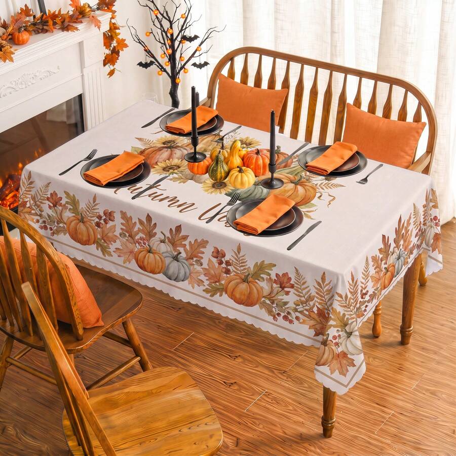 1pc Thanksgiving Autumn Pumpkin & Maple Leaf Print Rectangular Tablecloth, Suitable For Holiday, Party, Birthday, Dinner, Restaurant Table Decor, Autumn/Winter Home Decoration - Multicolor - View 1